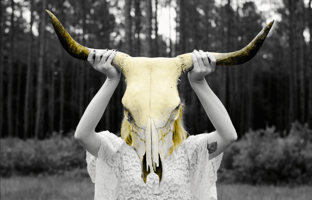 A woman with a cow skull on her head attending a marketing workshop.