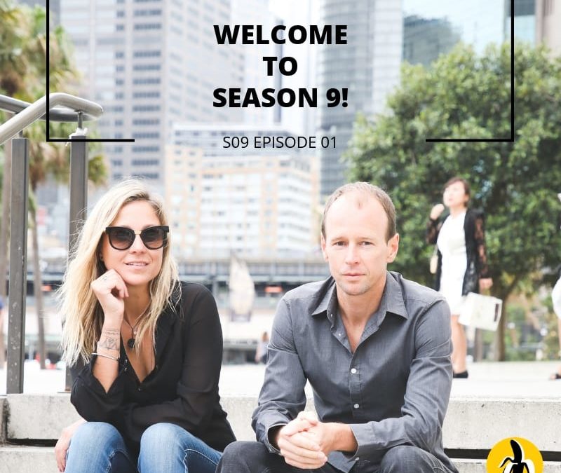 Two people sitting on steps with a small business marketing banner.