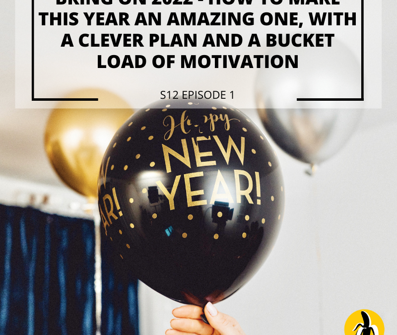 Description: A woman holding a balloon with the words coming on 2021, demonstrating her clever bucket plan for making the most of the new year.