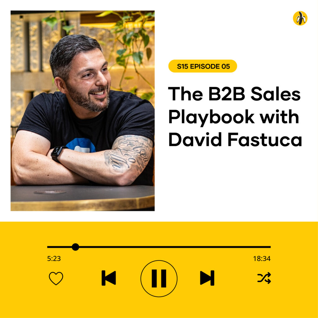 Bearded man with tattoos seated at a table, smiling. Text: "The B2B Sales Playbook with David Fastuca, S15 Episode 05." Audio player below features progress bar and controls for the ultimate guide in mastering B2B Sales.