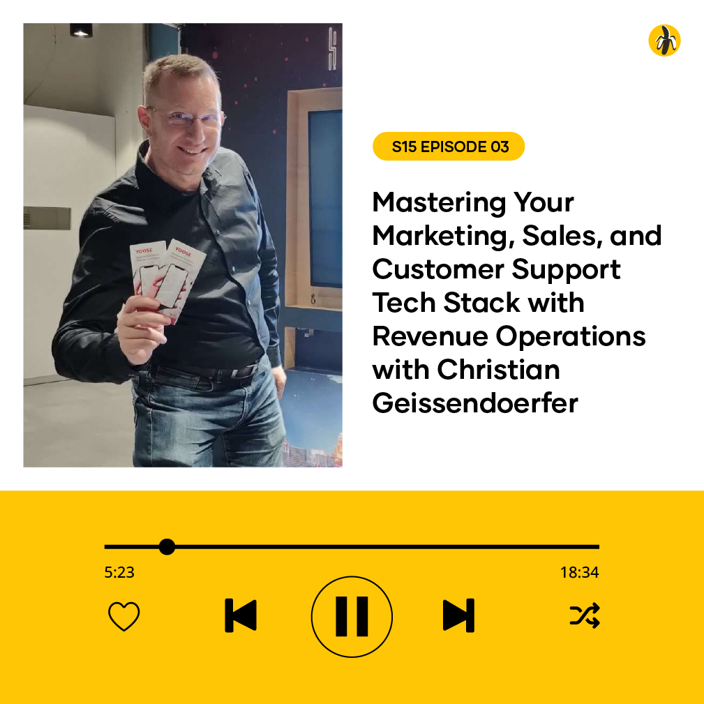 Man holding flyers, standing next to a text promoting a podcast episode on marketing, sales, and customer support tech stack.