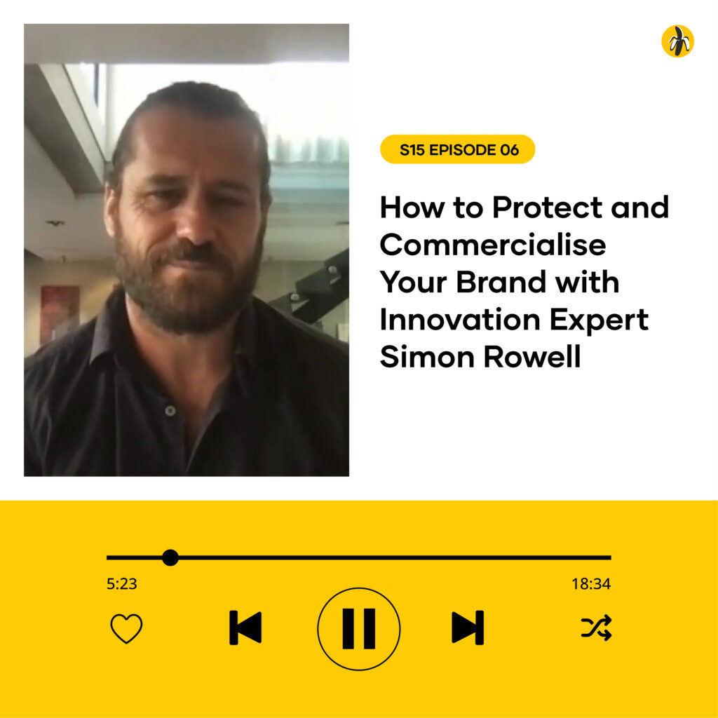 A bearded man in a dark shirt appears in a video call. Text reads: "S15 Episode 06: How to Protect and Commercialise Your Brand with Innovation Expert." Audio player below shows playtime.