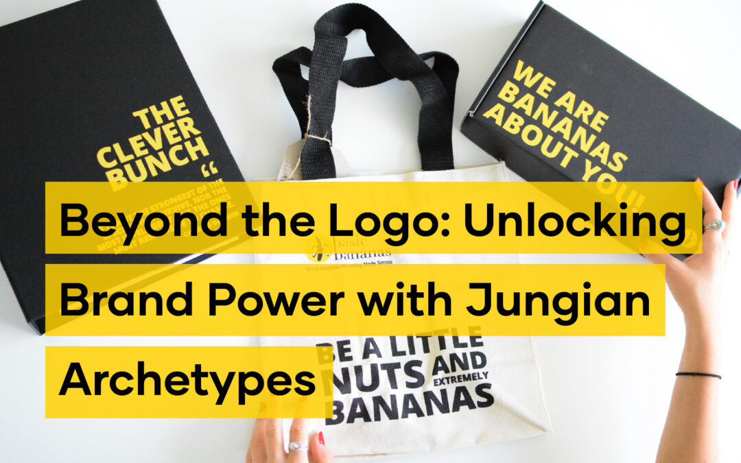 A tote bag reading "Be a little nuts and extremely bananas" is held between two black boxes with yellow text; bold text overlays highlight an article on brand power.