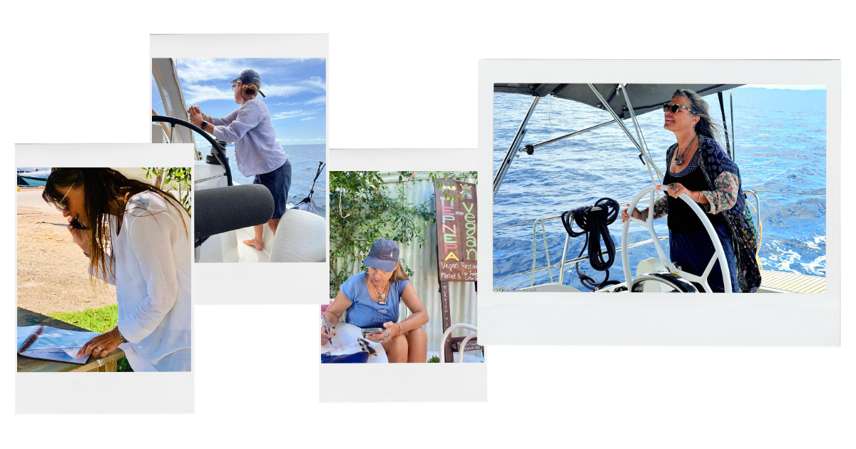 Member Spotlight: Four photos show a woman boating—steering a sailboat, looking at maps, checking equipment, and writing at a table—capturing the spirit of Mariner Boating Holidays with water and greenery in the background.