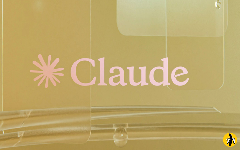 Pink 'Claude' logo with a starburst icon on a translucent panel, yellow-tinted background; small penguin badge in the bottom-right corner.