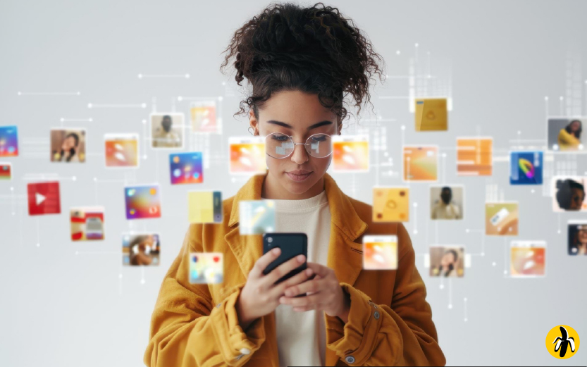 Young woman in a mustard jacket uses a smartphone with colorful app icons floating around her.
