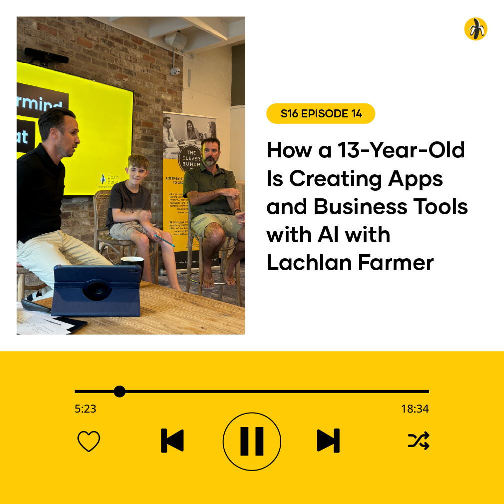Podcast hero: three men seated in a studio with a bright yellow screen and brick wall, beside the episode title about Lachlan Farmer.