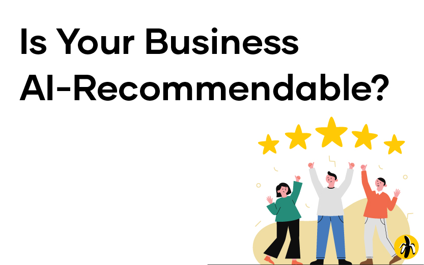 Question 'Is Your Business AI-Recommendable?' with three cheering people and five gold stars above them.