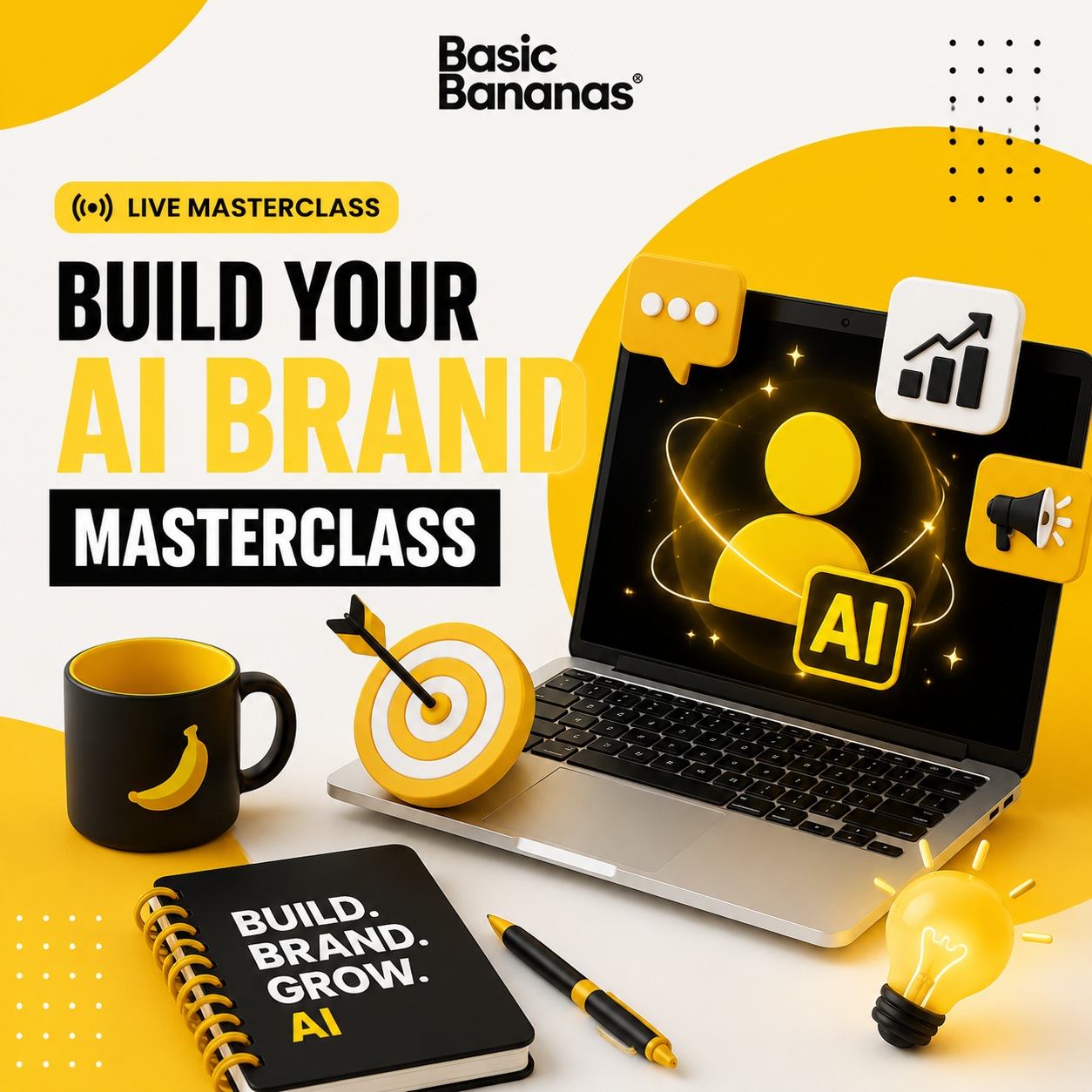 A graphic with two arrows and a badge reads: "Clicks don’t pay the bills. Conversions do. Masterclass." on a teal background.