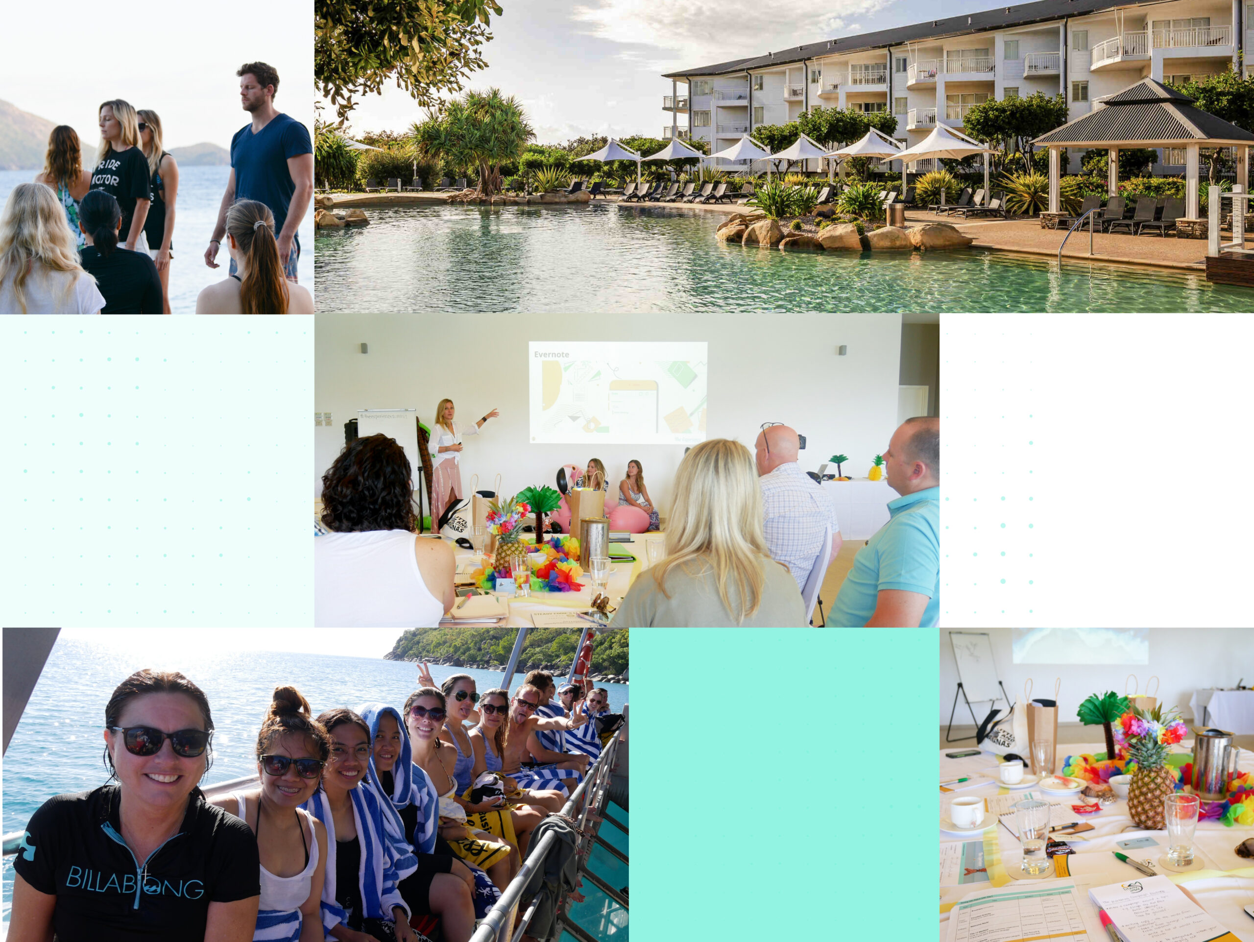 Group of people by the ocean, a resort pool area with loungers and white umbrellas, and an indoor presentation in a meeting room; a festive banquet table is also shown.