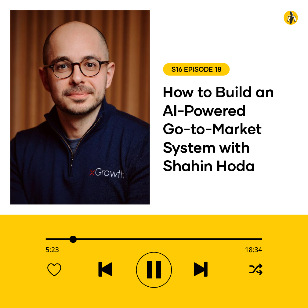 Podcast hero: portrait of Shahin Hoda on the left, episode title on the right, yellow audio bar below.