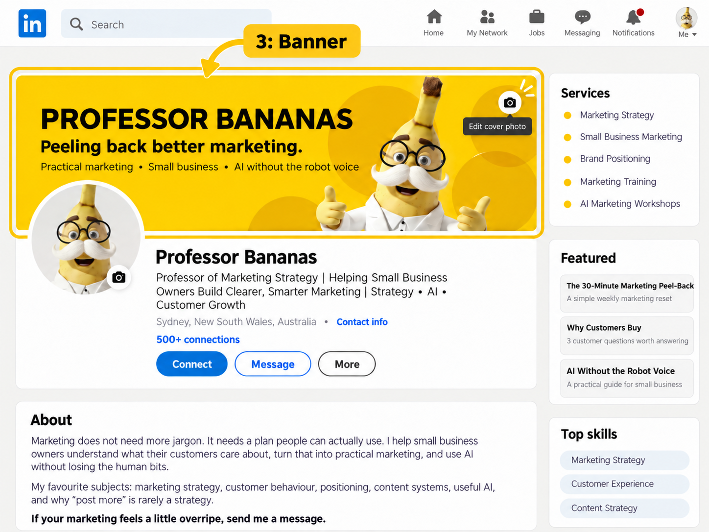 Professor Bananas LinkedIn banner example showing how to communicate what a business does