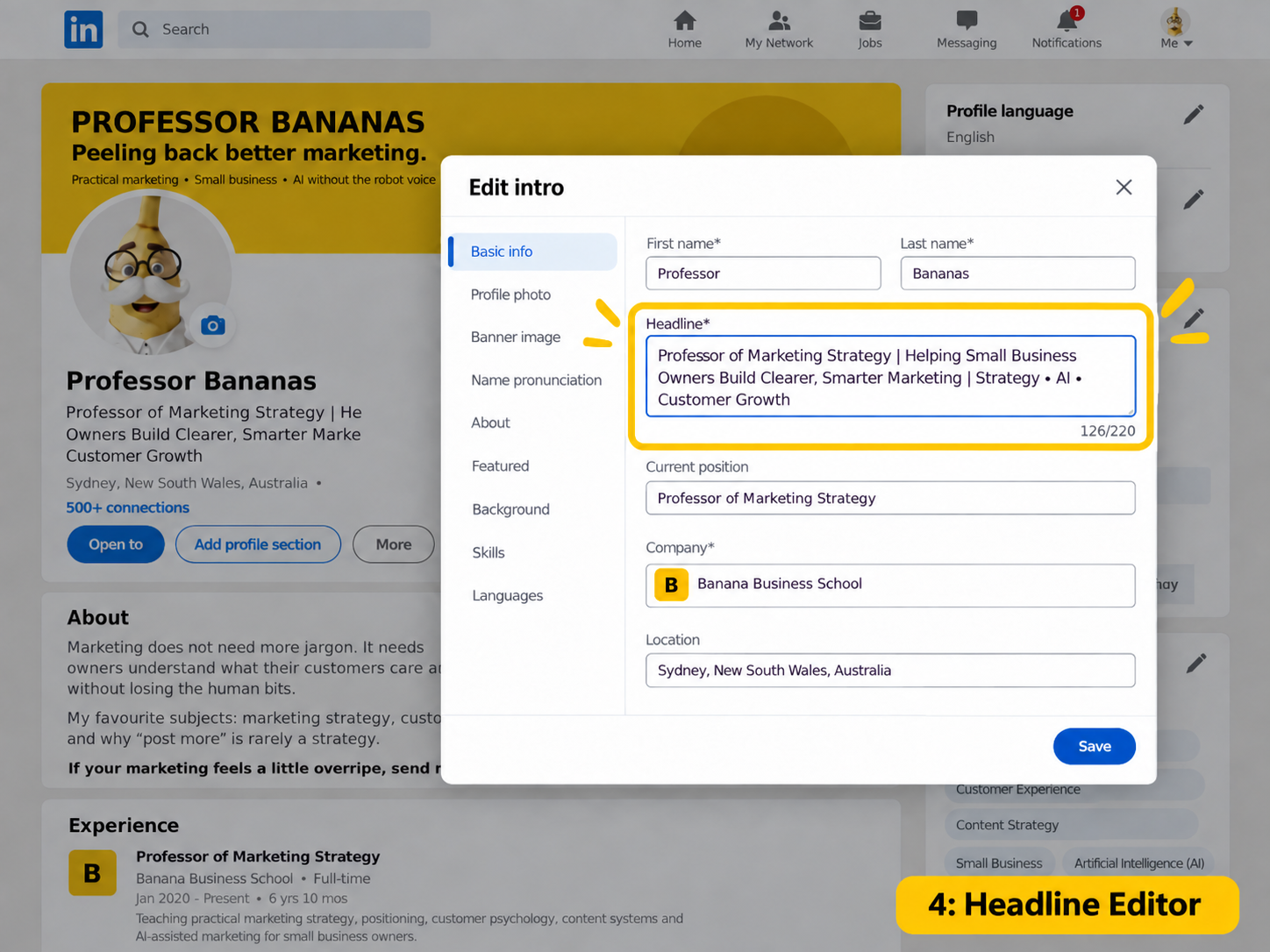 LinkedIn headline editor showing a clear Professor Bananas small business headline