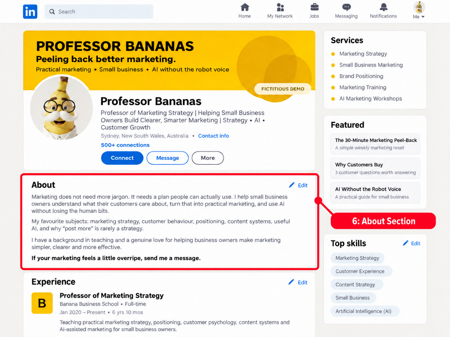 Professor Bananas LinkedIn About section written in a clear and human style