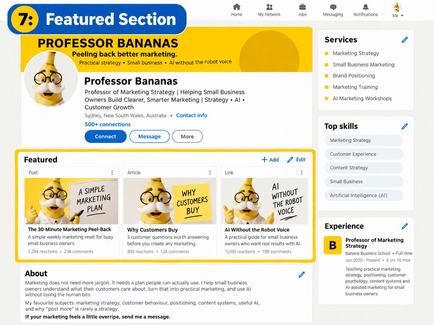 Professor Bananas LinkedIn Featured section showing useful content and next steps