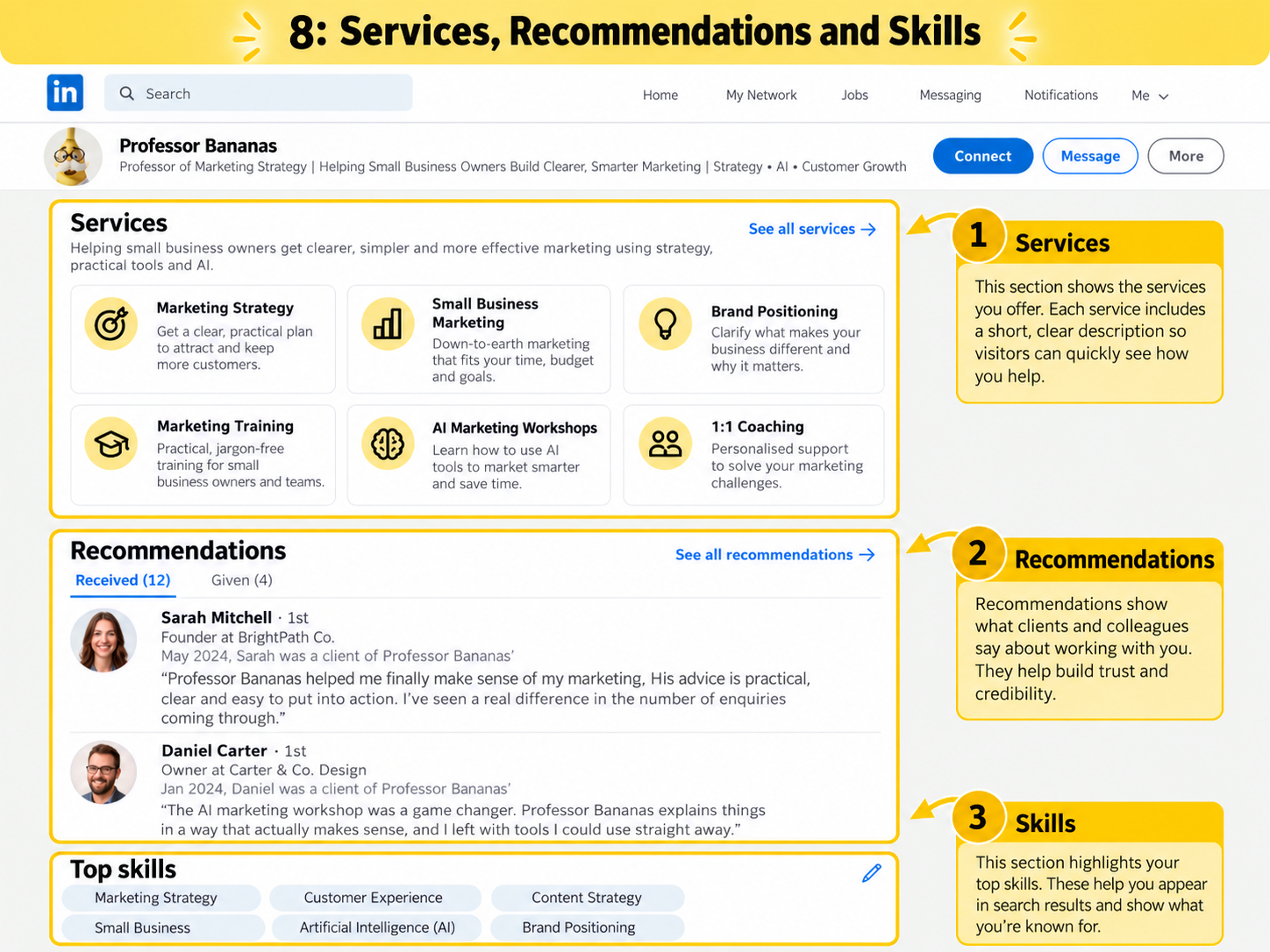 Professor Bananas LinkedIn Services, Recommendations and Skills example