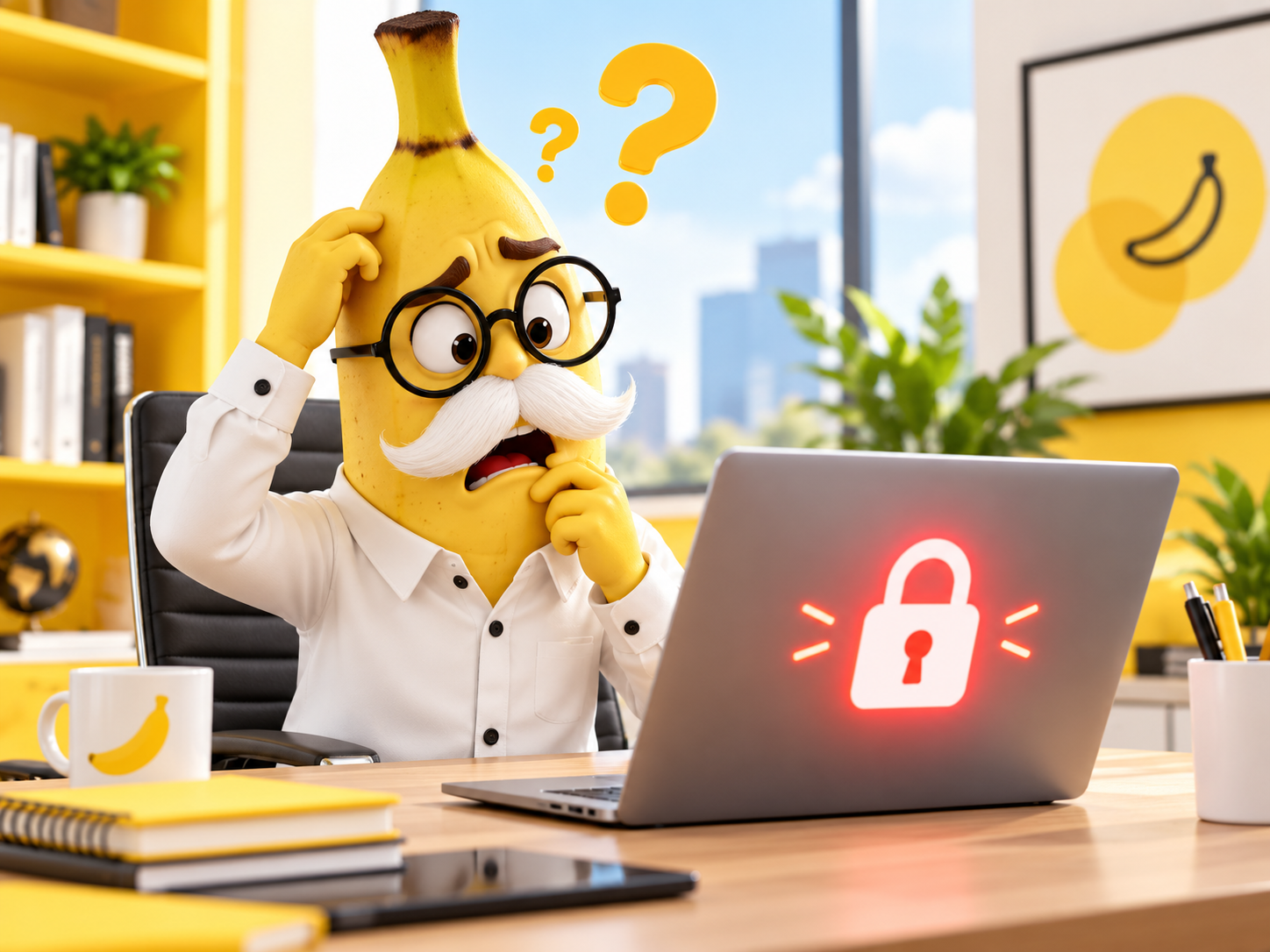 Professor Bananas looking confused at a laptop screen showing a padlock